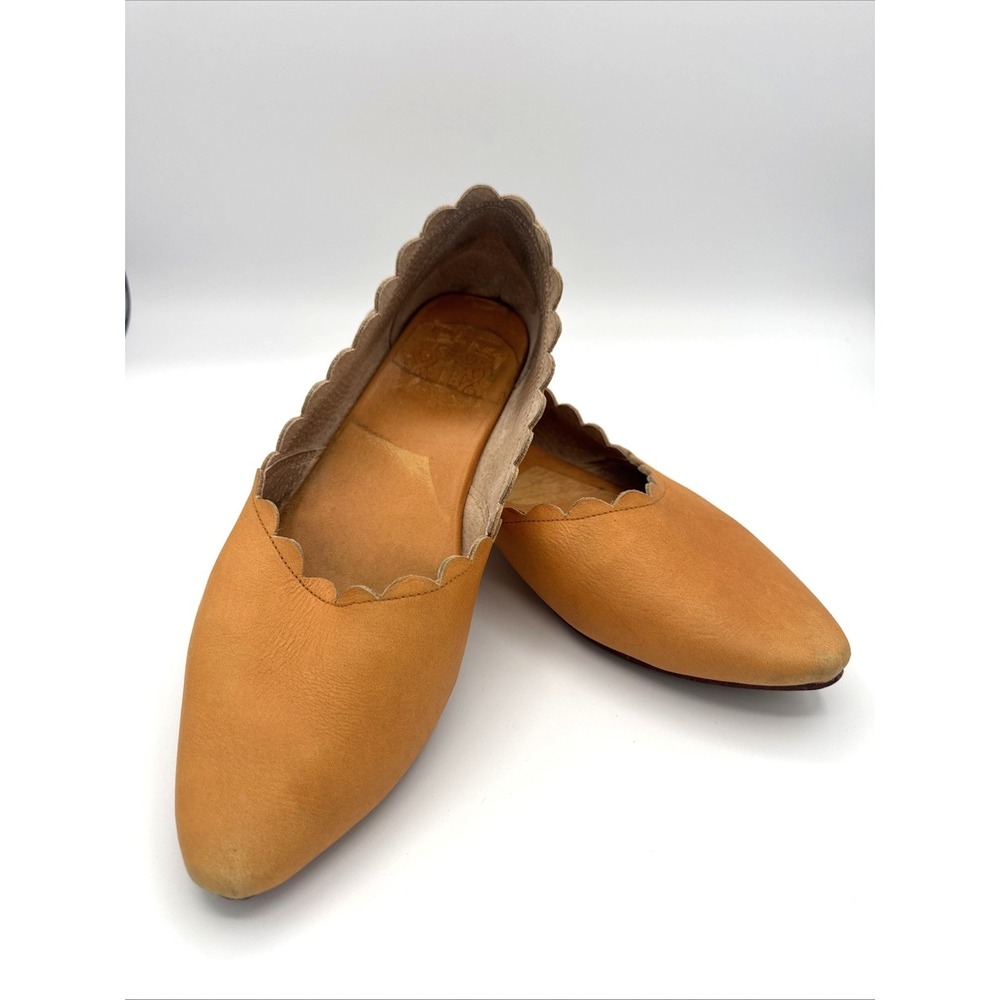 Bali ELF Women Scalloped Leather Ballet Flats Pointed Toe Tan Brown Size 10